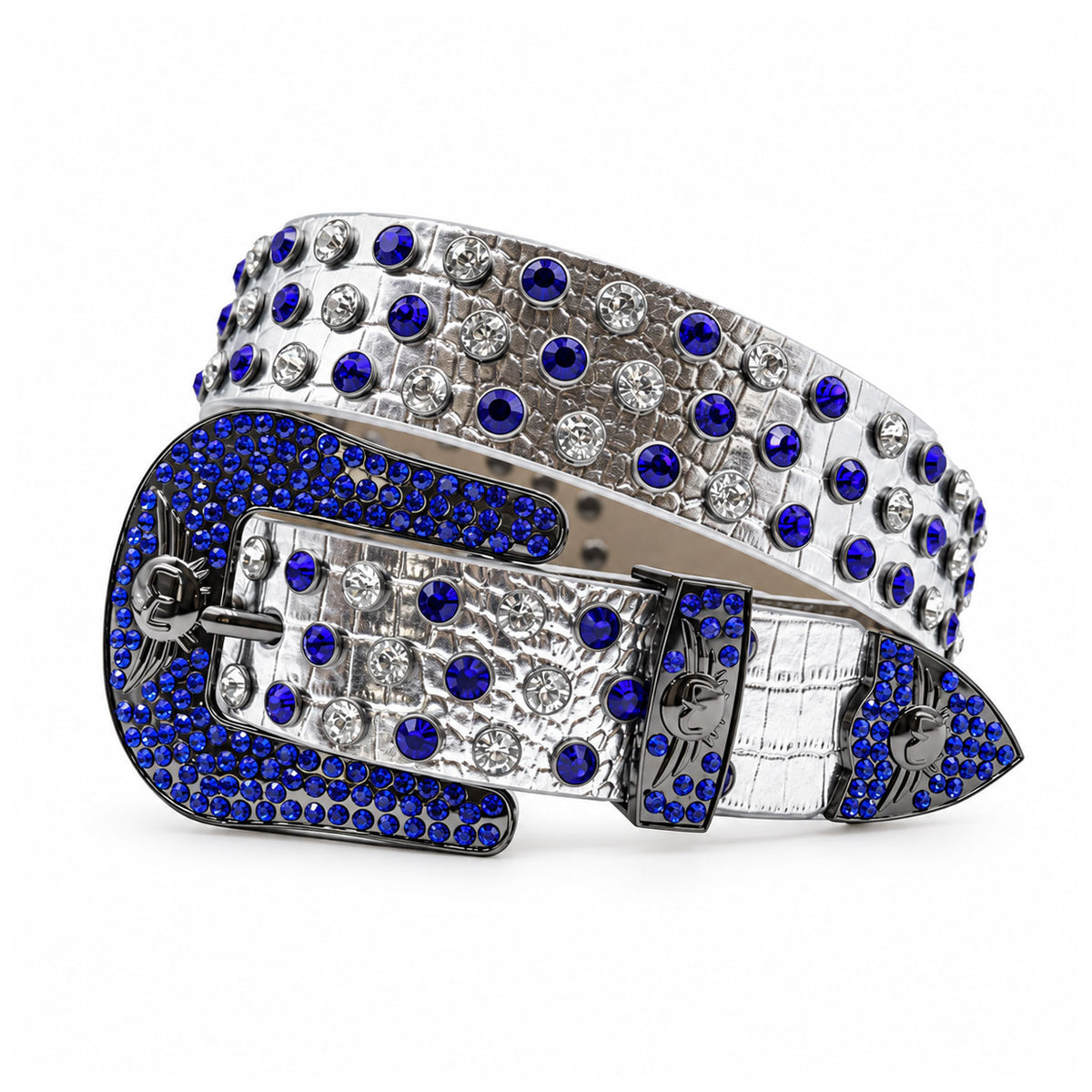 Silver & Blue Crystal Rhinestone Western Belt with Engraved Buckle