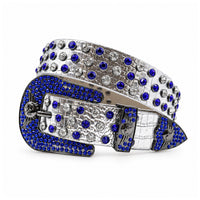 Silver & Blue Crystal Rhinestone Western Belt with Engraved Buckle