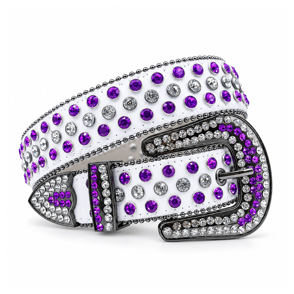 Purple & White Crystal Rhinestone Western Belt with Black Buckle