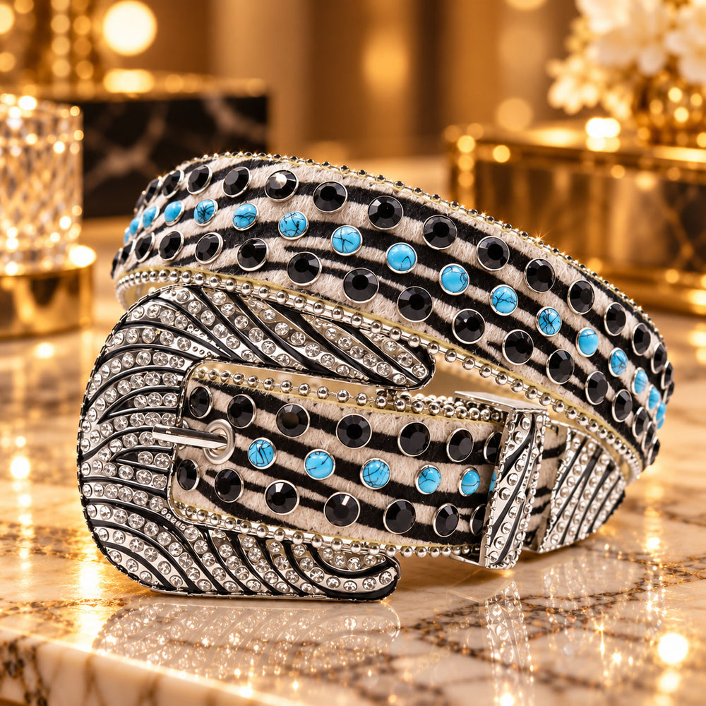 Zebra Print Turquoise Crystal Rhinestone Western Belt - front view
