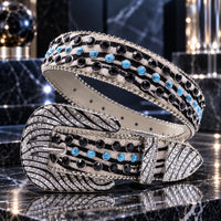 Zebra Print Turquoise Crystal Rhinestone Western Belt - front view