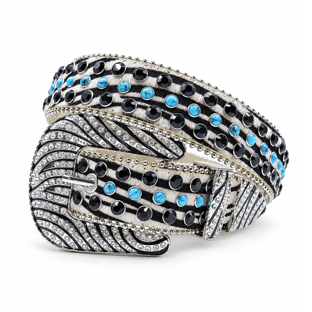 Zebra Print Turquoise Crystal Rhinestone Western Belt