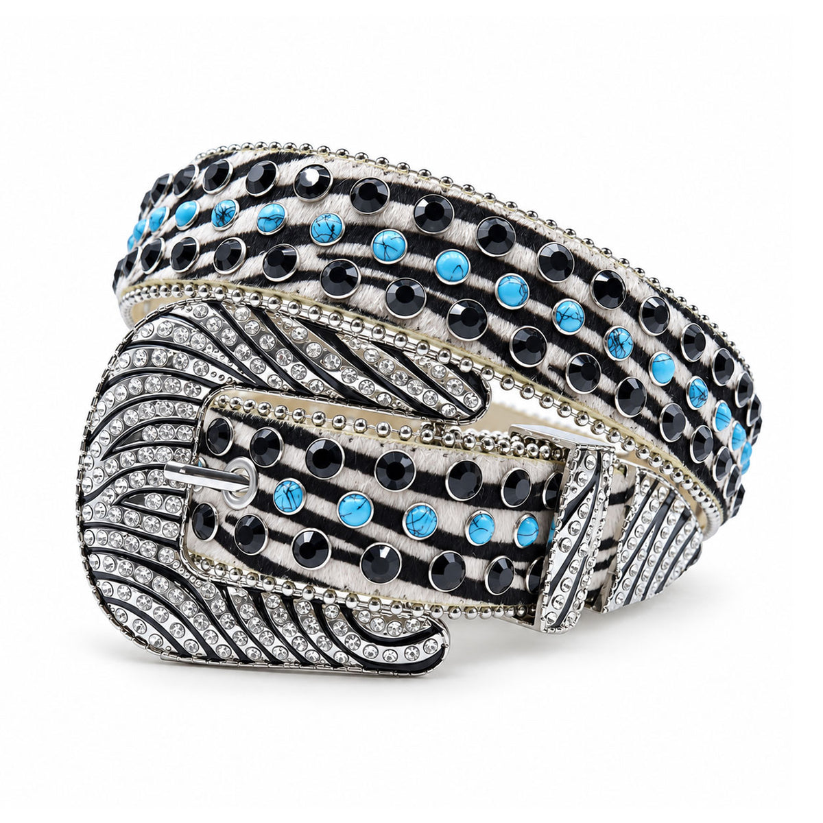 Zebra Print Turquoise Crystal Rhinestone Western Belt
