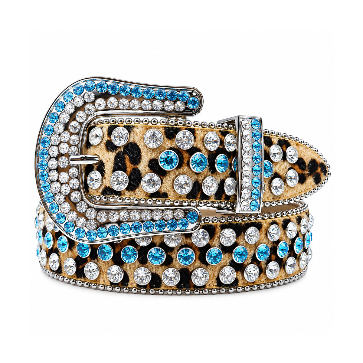 Leopard Print Crystal Rhinestone Western Belt with Aqua Crystals