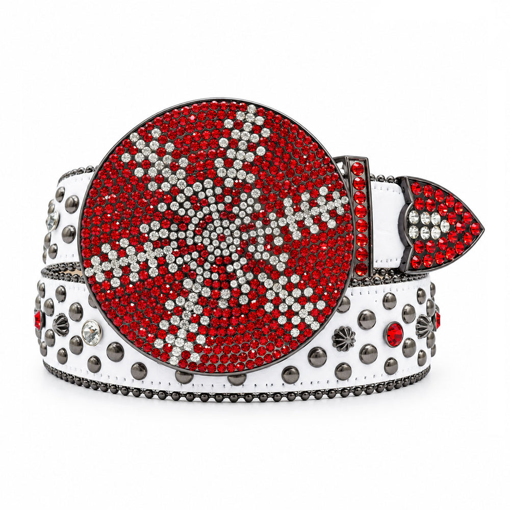 White & Red Crystal Rhinestone Western Belt with Snowflake Globe Buckle