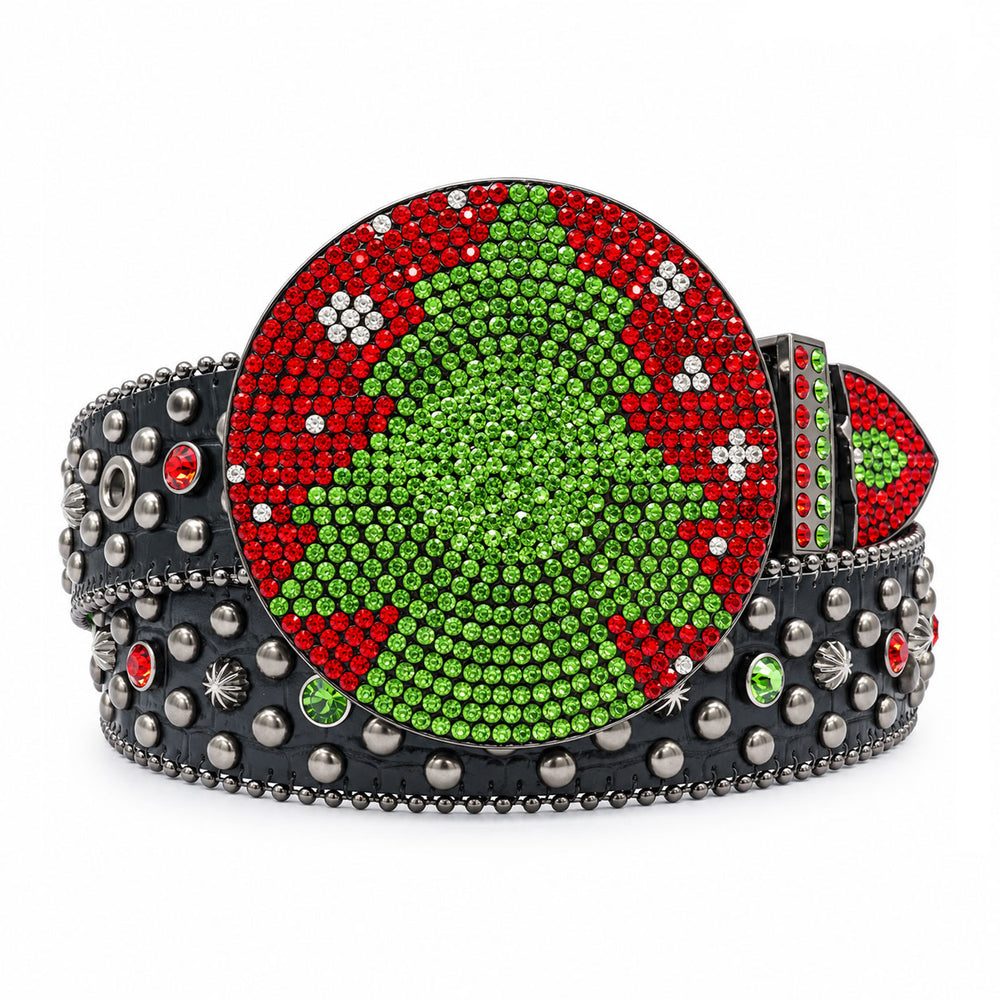Black Crystal Rhinestone Western Belt with Christmas Tree Globe Buckle