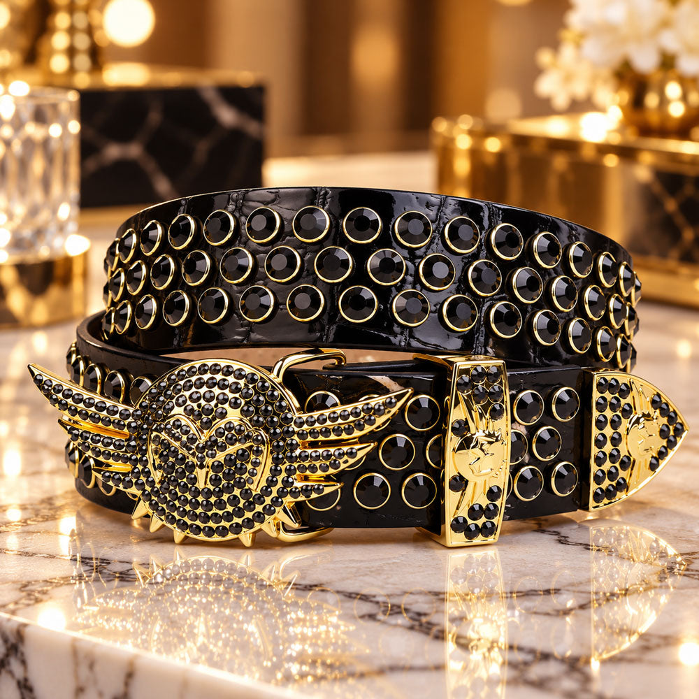 Black Rhinestone Belt with Gold Winged Heart Buckle - front view
