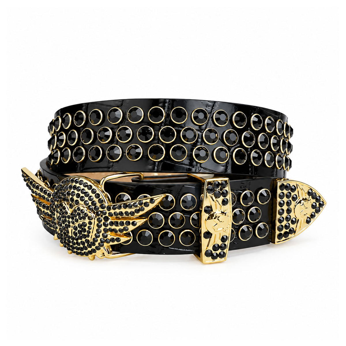 Black Rhinestone Belt with Gold Winged Heart Buckle - front view