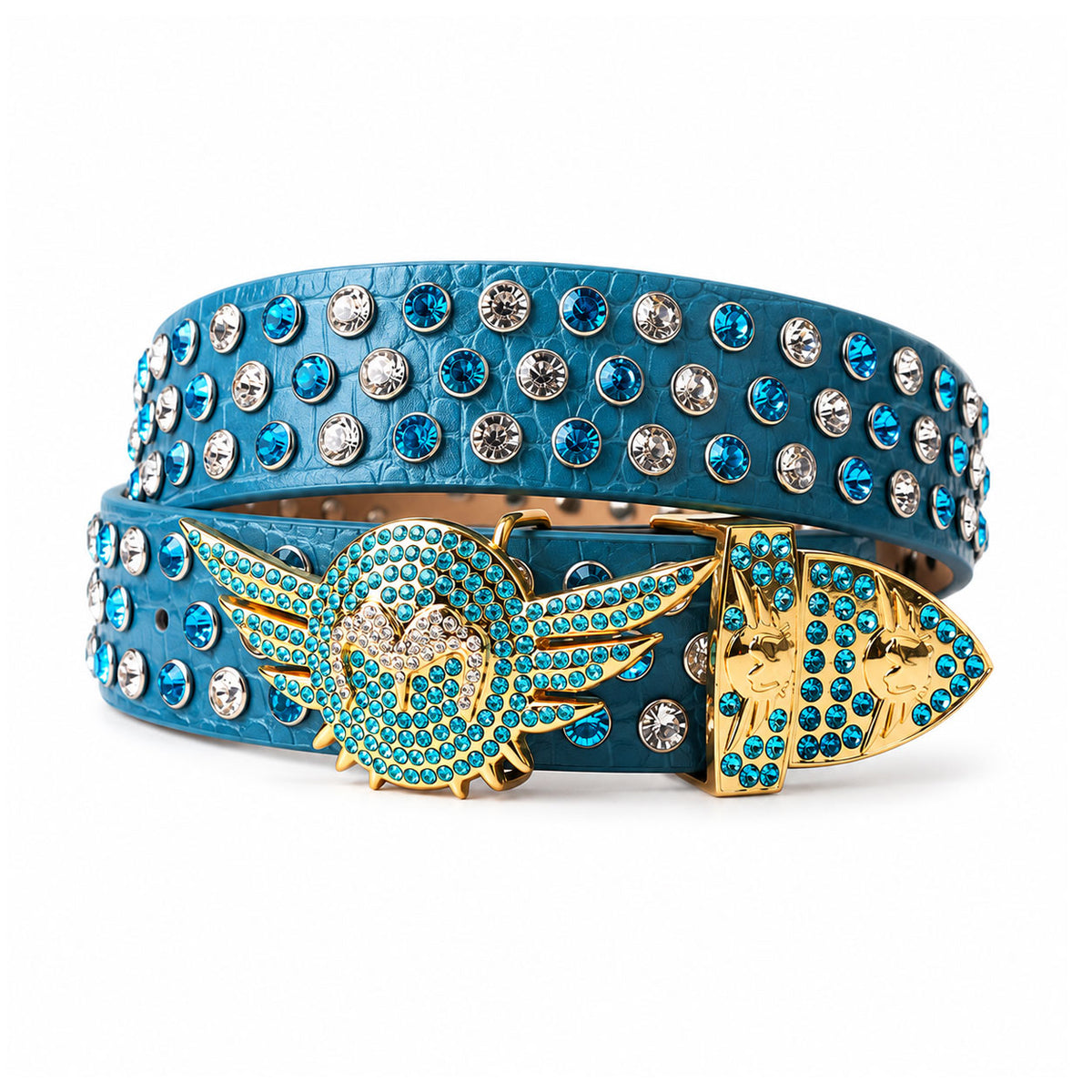 Teal Crystal Rhinestone Western Belt with Gold Wing Buckle