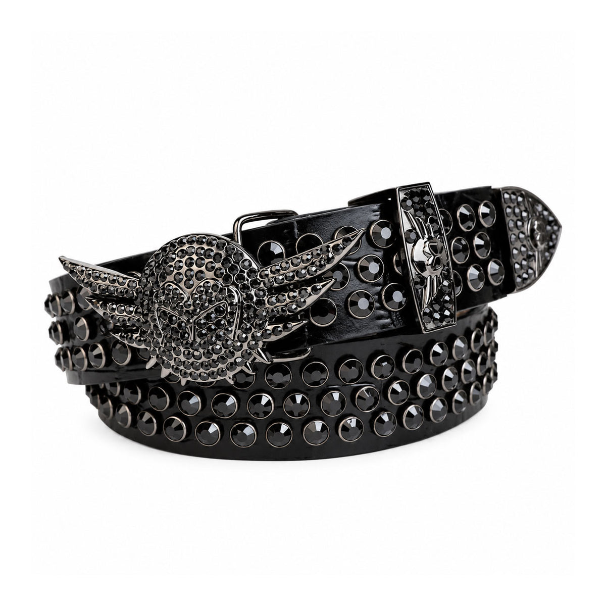 All Black Crystal Rhinestone Western Belt with Wing Buckle