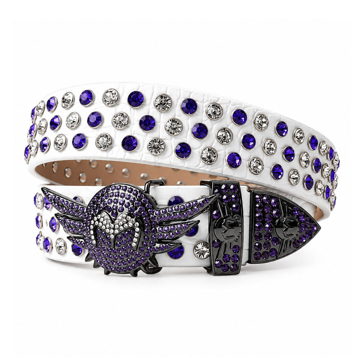 White & Purple Crystal Rhinestone Western Belt with Skull Wing Buckle