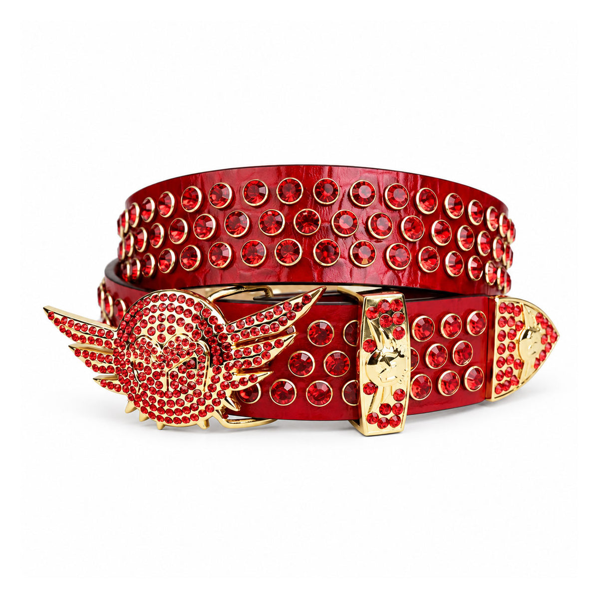 Red Crystal Rhinestone Western Belt with Gold Wing Buckle