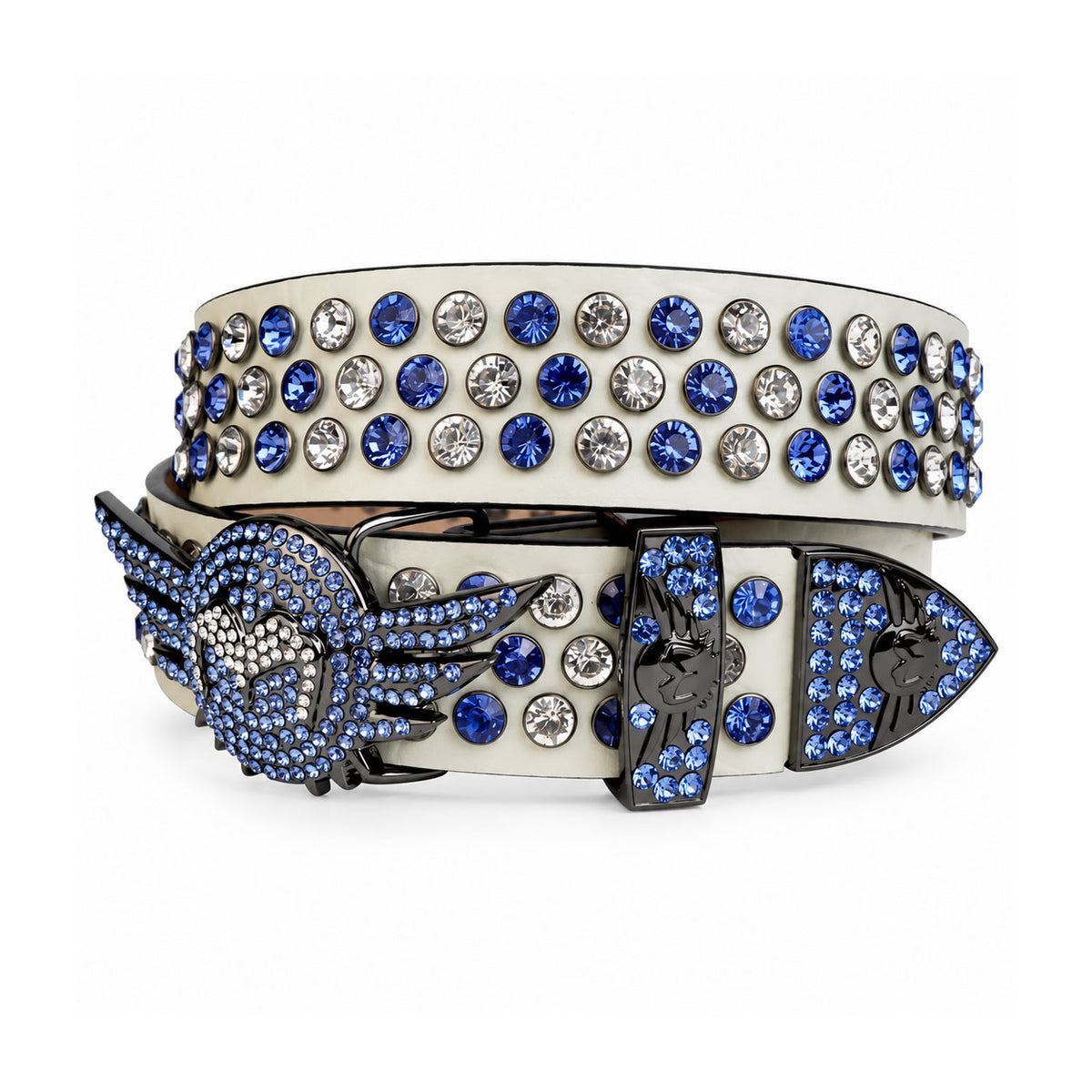 White & Blue Crystal Rhinestone Western Belt with Wing Buckle - front view