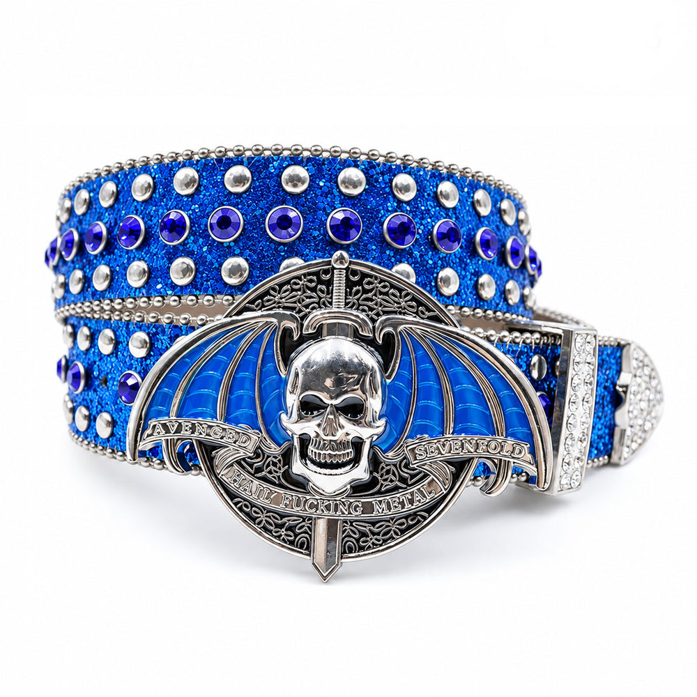 Blue Glitter Crystal Rhinestone Western Belt with Winged Skull Buckle