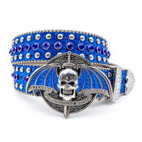 Blue Glitter Crystal Rhinestone Western Belt with Winged Skull Buckle