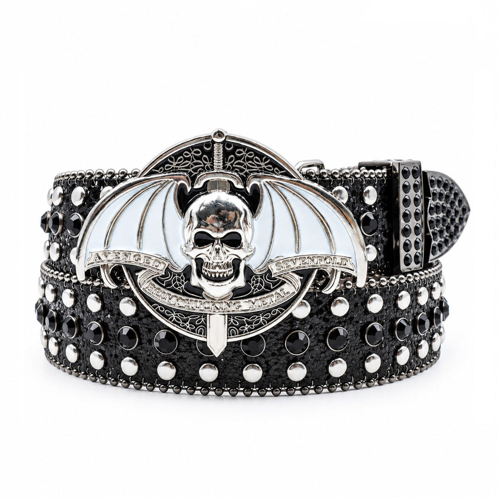 Black Glitter Crystal Rhinestone Western Belt with White Winged Skull Buckle