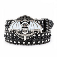 Black Glitter Crystal Rhinestone Western Belt with White Winged Skull Buckle