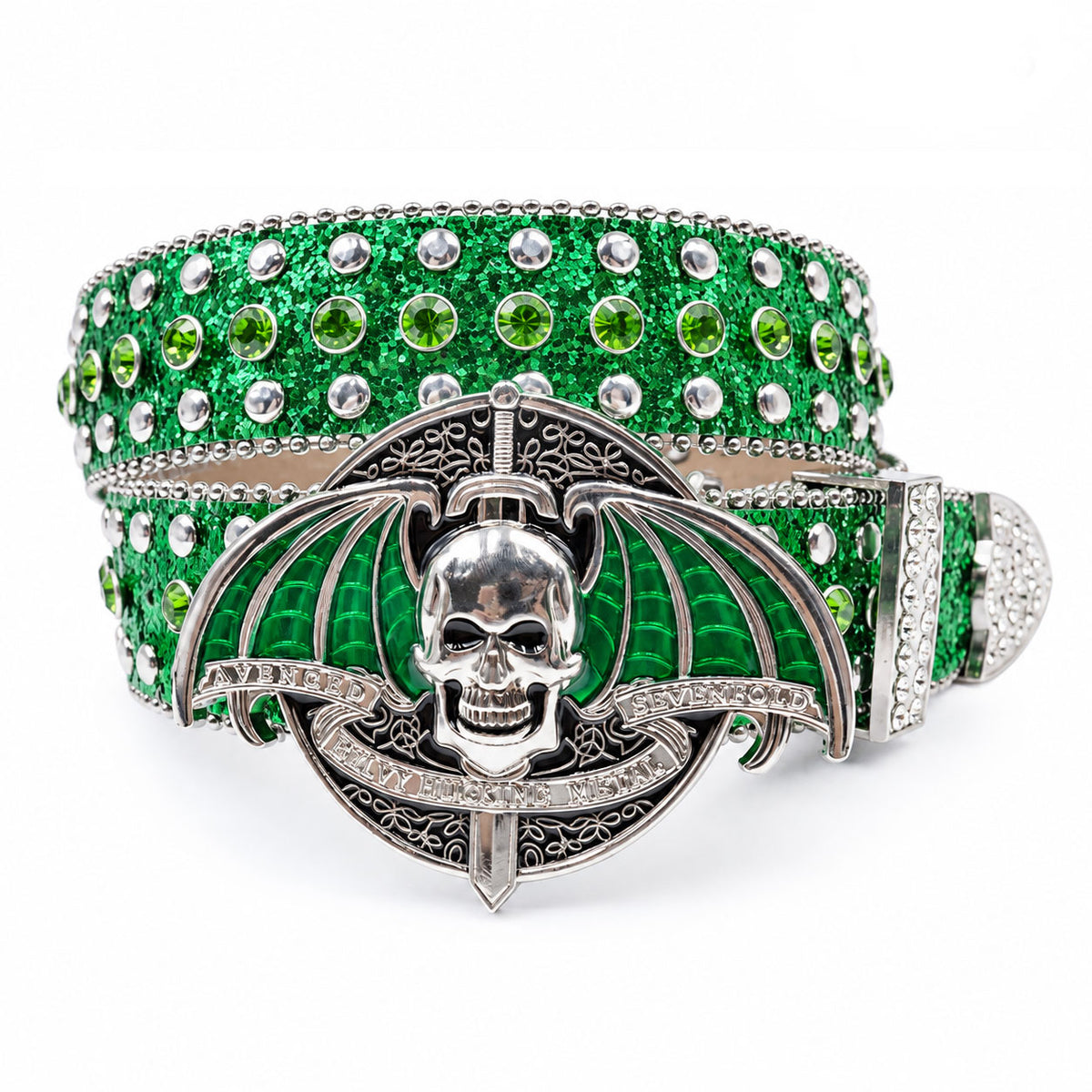 Green Glitter Crystal Rhinestone Western Belt with Winged Skull Buckle