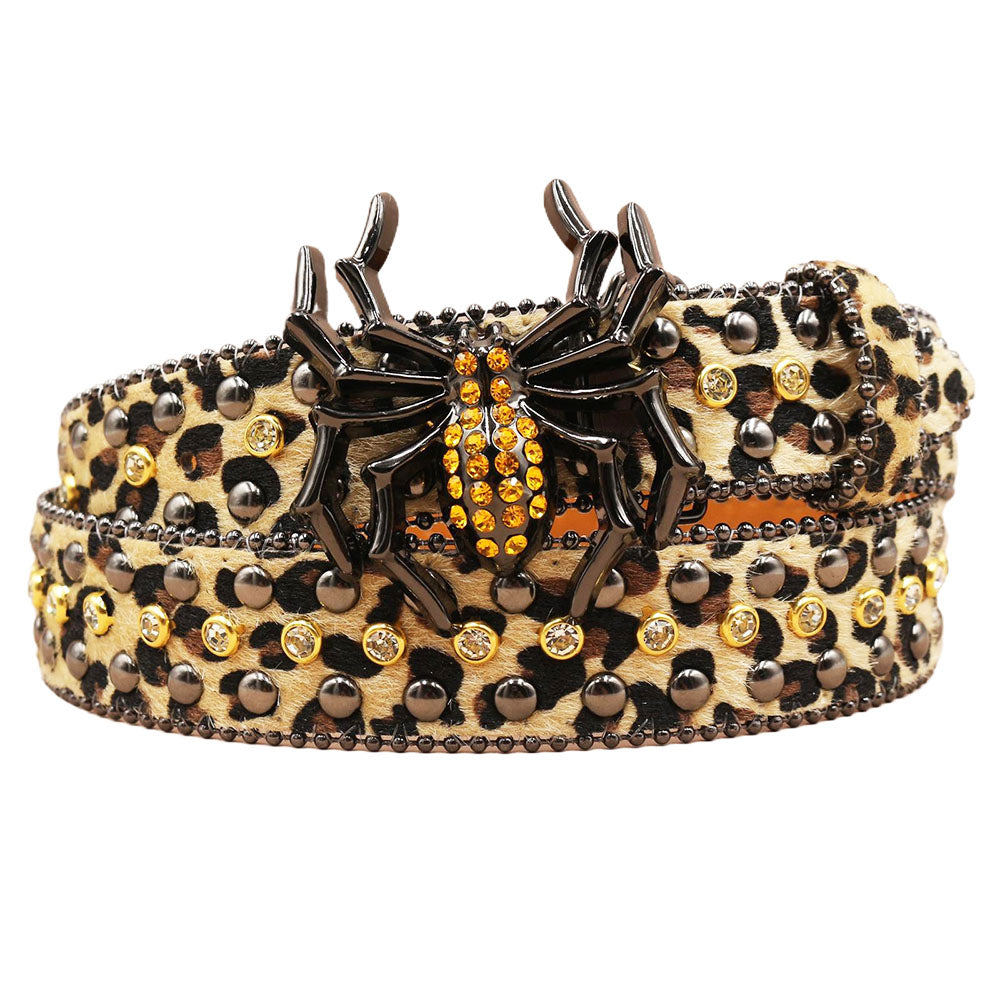 Leopard Print Crystal Rhinestone Western Belt with Spider Buckle