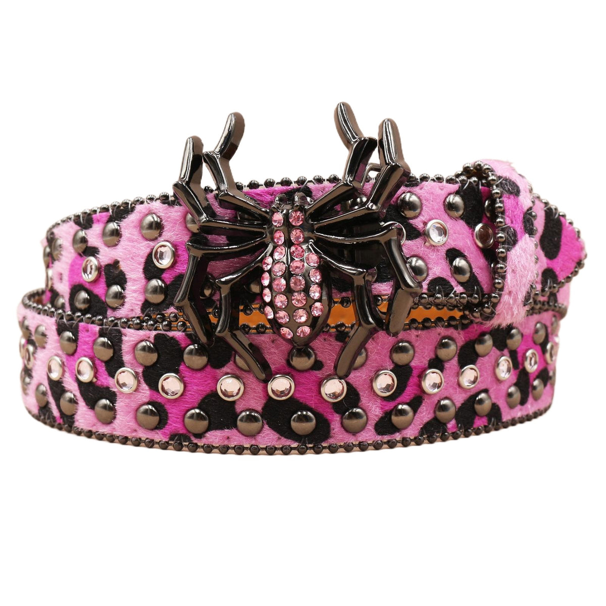 Pink Leopard Print Crystal Rhinestone Western Belt with Spider Buckle