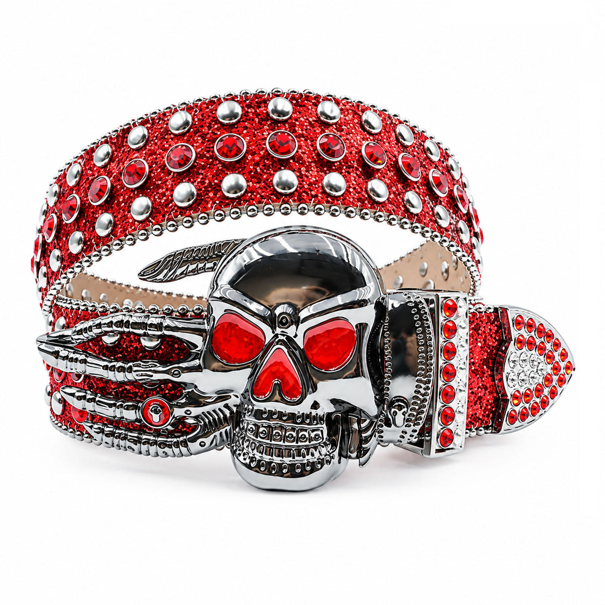 Red Glitter Crystal Rhinestone Western Belt with Skeleton Hand Skull Buckle