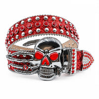 Red Glitter Crystal Rhinestone Western Belt with Skeleton Hand Skull Buckle