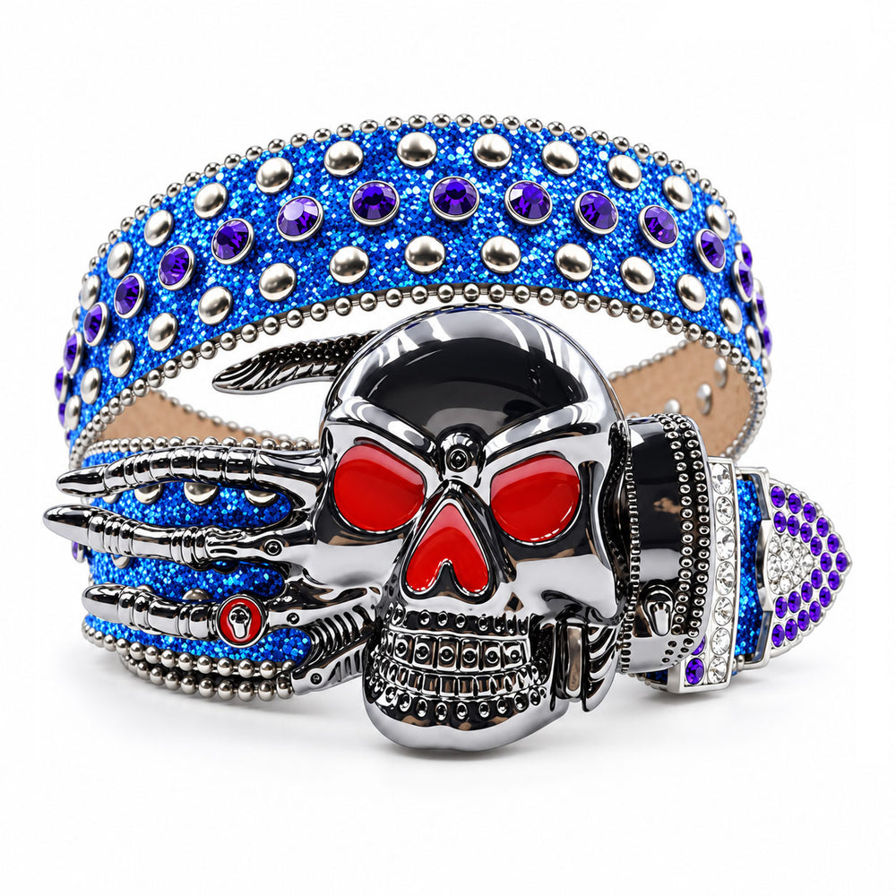 Blue Glitter Crystal Rhinestone Western Belt with Skeleton Hand Skull Buckle
