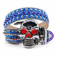 Blue Glitter Crystal Rhinestone Western Belt with Skeleton Hand Skull Buckle