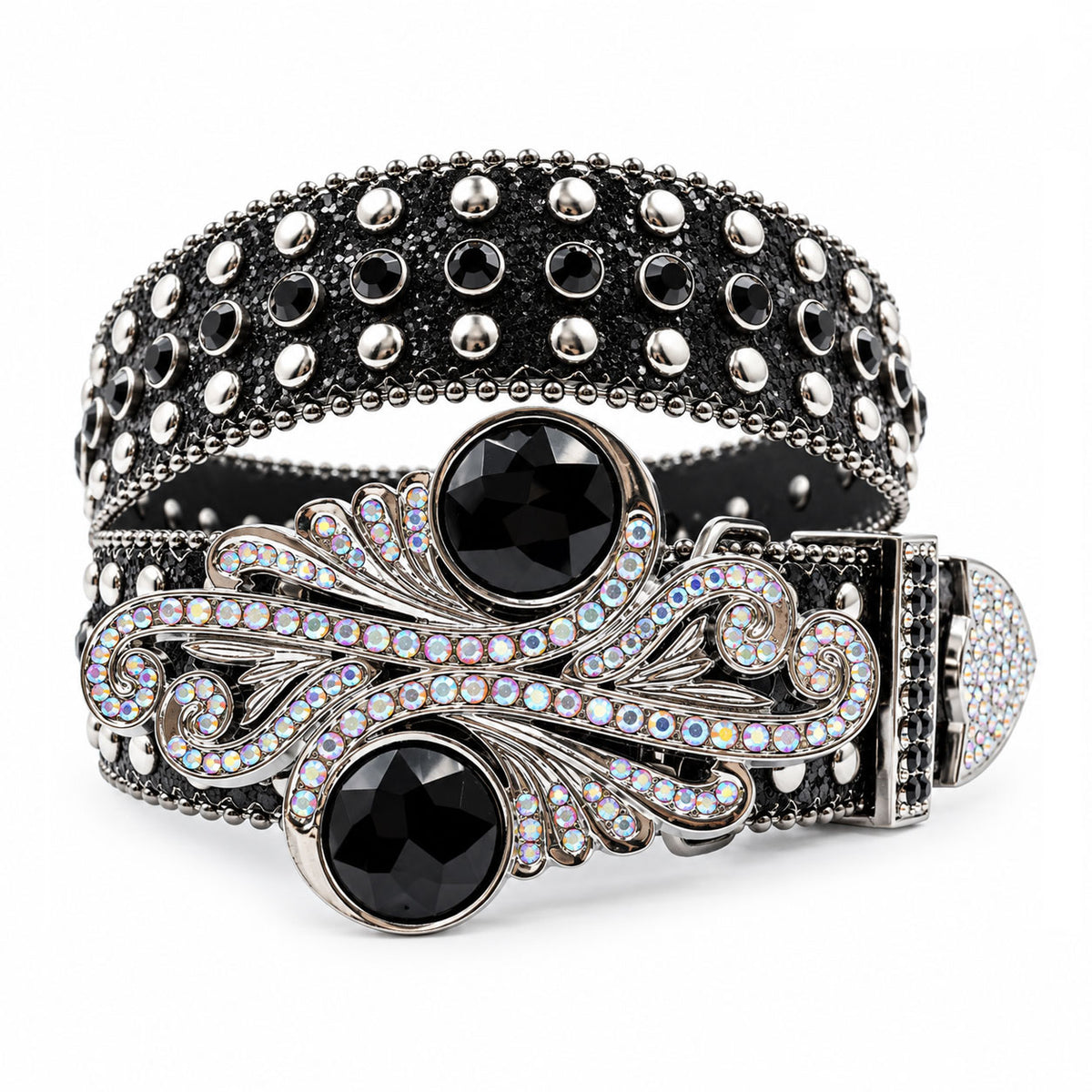Black Glitter Crystal Rhinestone Western Belt with Silver Scroll Buckle