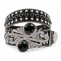 Black Glitter Crystal Rhinestone Western Belt with Silver Scroll Buckle