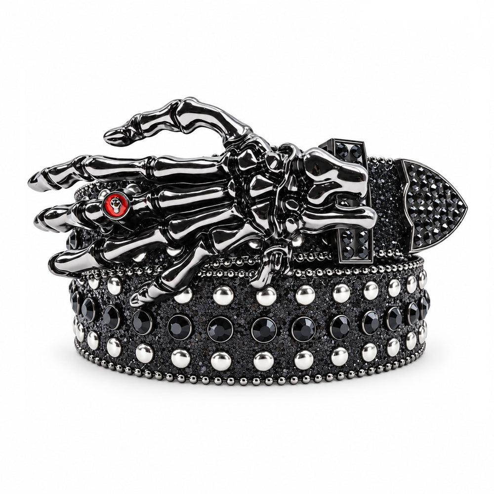 Black Glitter Crystal Rhinestone Western Belt with Skeleton Hand Buckle