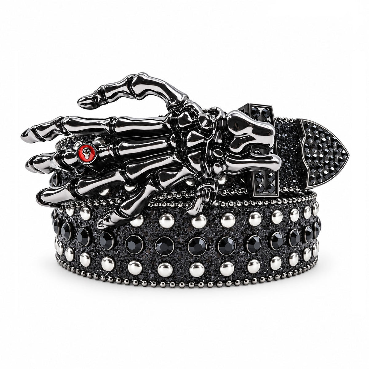 Black Glitter Crystal Rhinestone Western Belt with Skeleton Hand Buckle