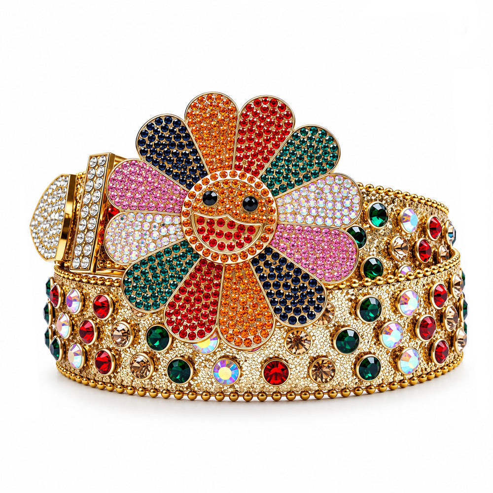 Gold Glitter Crystal Rhinestone Western Belt with Smiley Flower Buckle