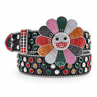 Black Glitter Crystal Rhinestone Western Belt with Smiley Flower Buckle