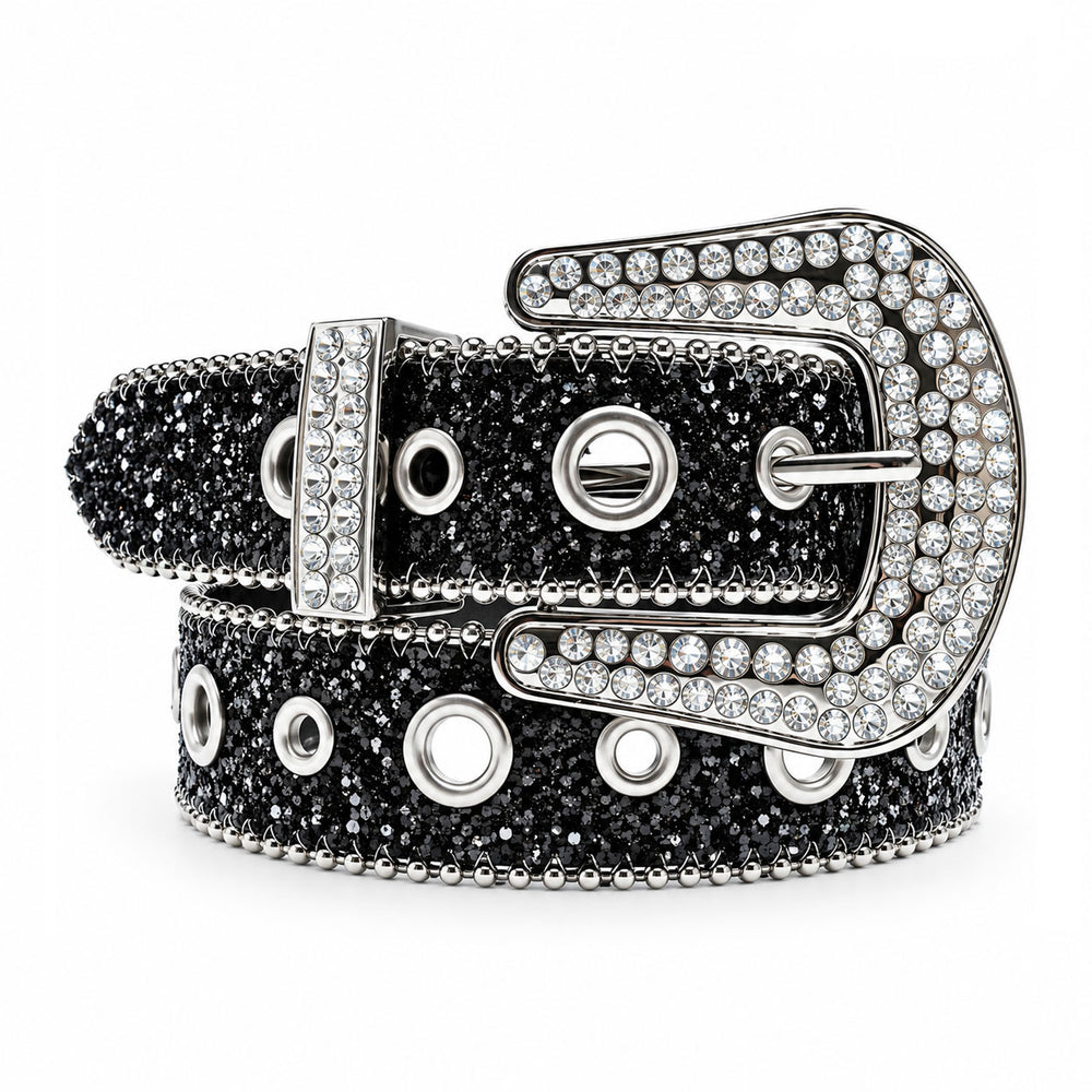 Black Glitter Crystal Rhinestone Western Belt with Eyelets and Clear Crystal Buckle