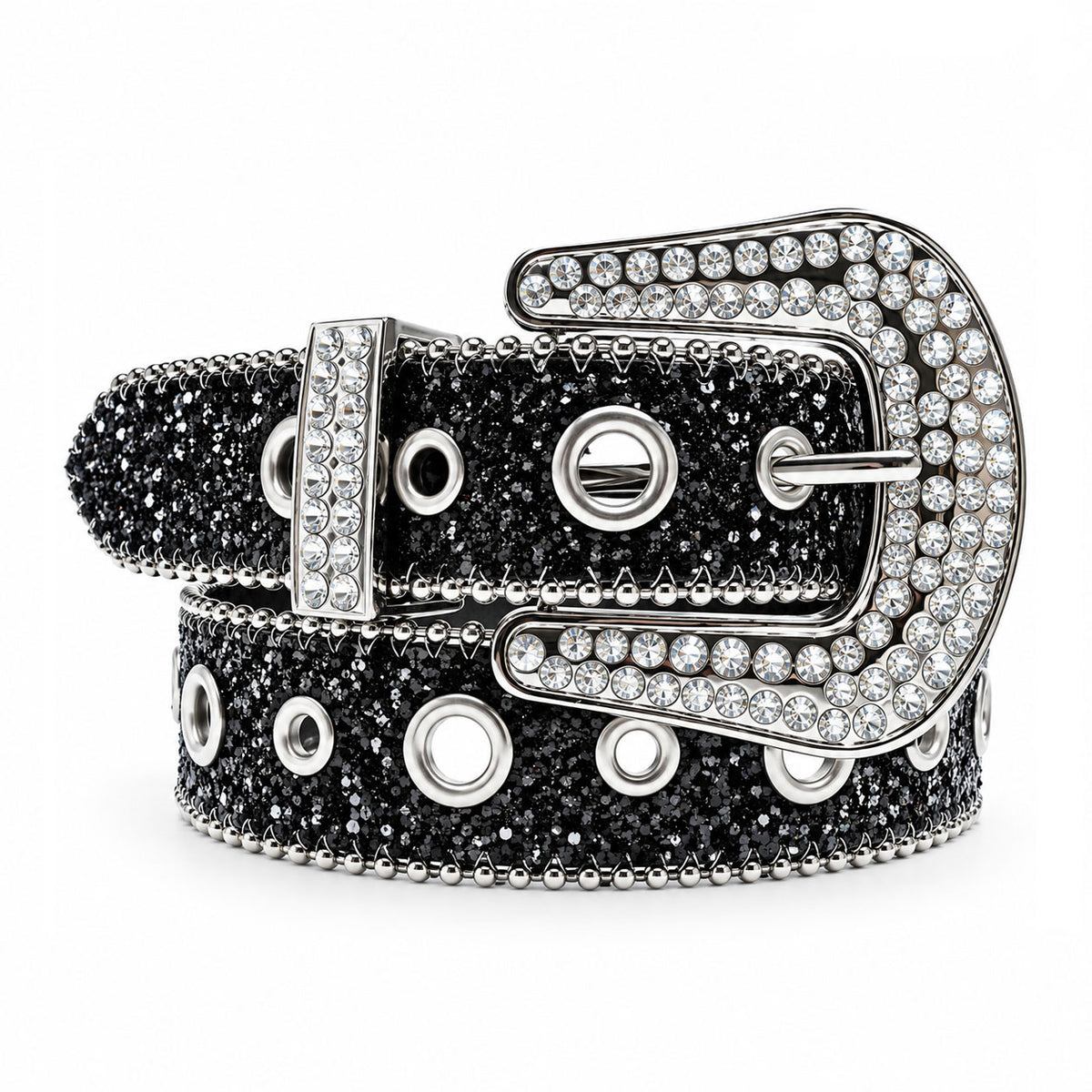 Black Glitter Crystal Rhinestone Western Belt with Eyelets and Clear Crystal Buckle