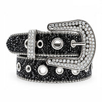 Black Glitter Crystal Rhinestone Western Belt with Eyelets and Clear Crystal Buckle