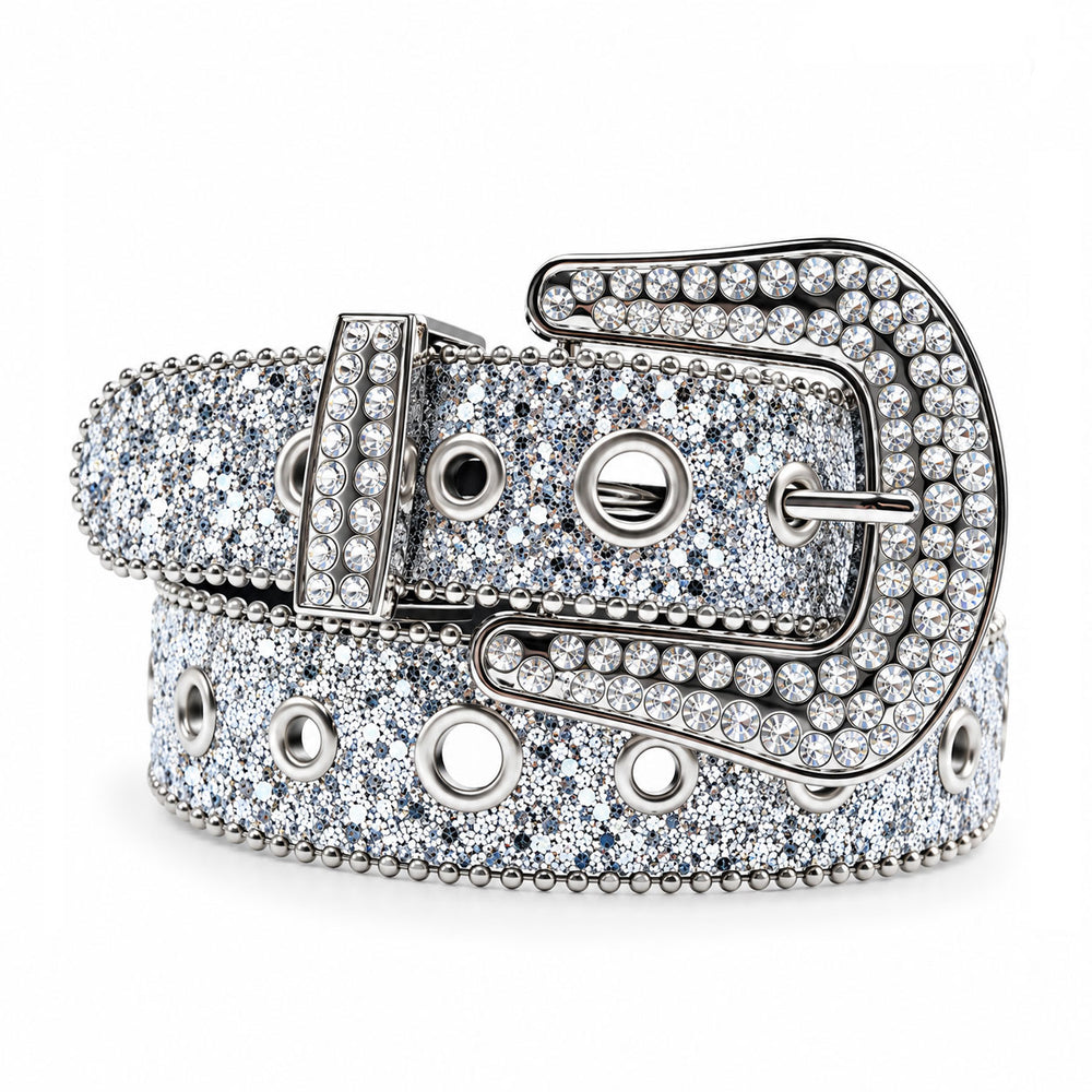 Silver Glitter Crystal Rhinestone Western Belt with Eyelets and Clear Crystal Buckle