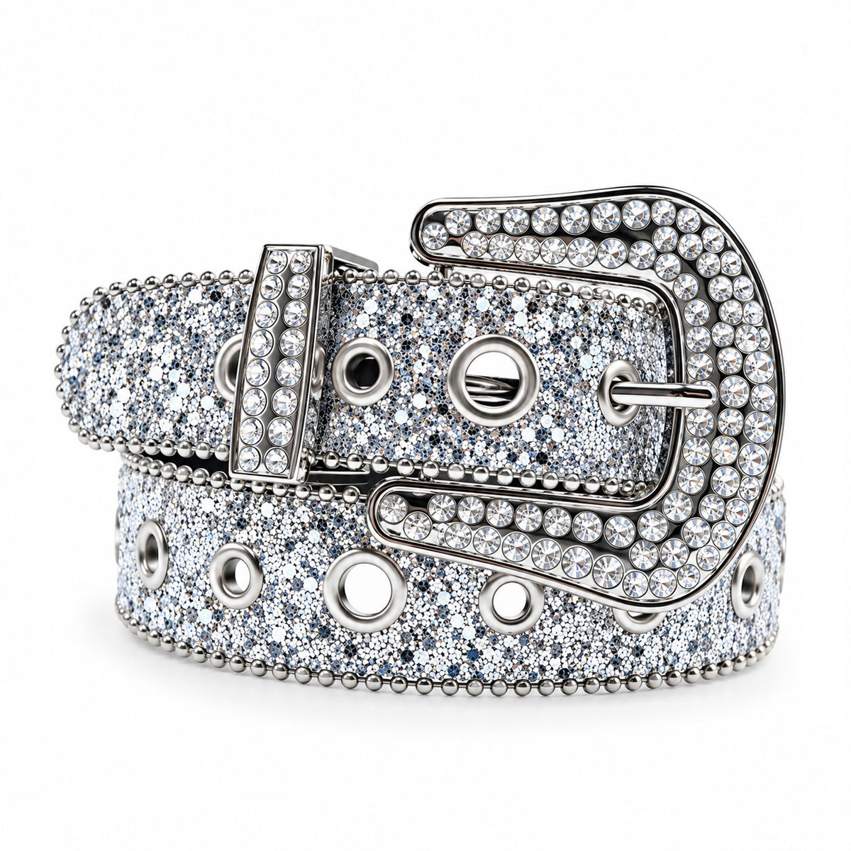 Silver Glitter Crystal Rhinestone Western Belt with Eyelets and Clear Crystal Buckle