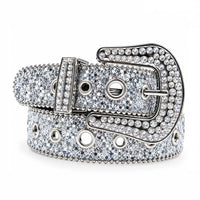 Silver Glitter Crystal Rhinestone Western Belt with Eyelets and Clear Crystal Buckle