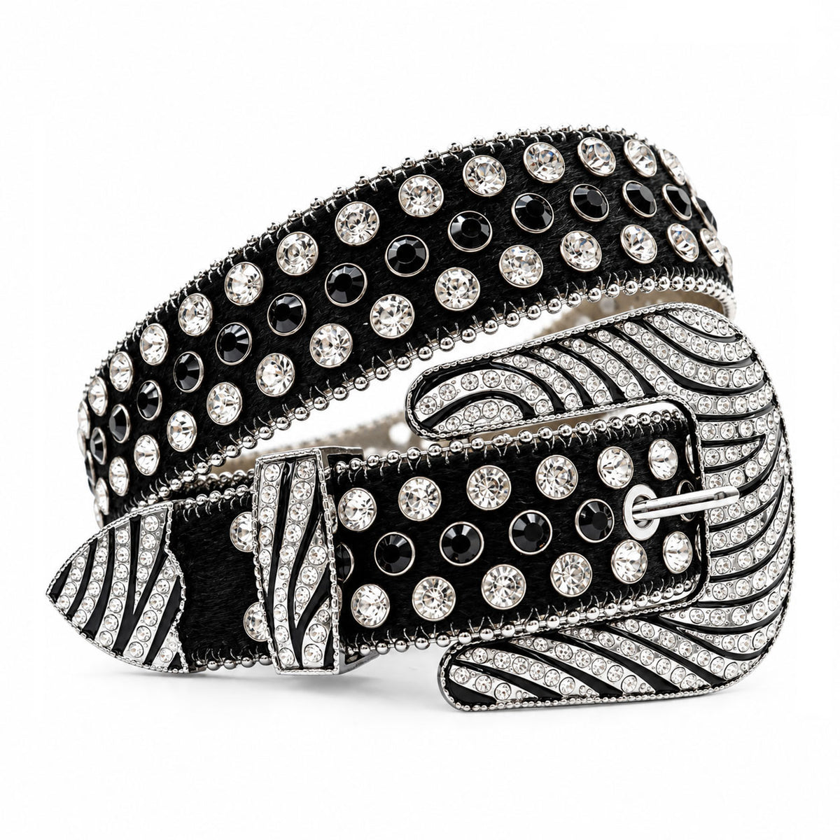 Black Crystal Rhinestone Western Belt with Zebra Crystal Buckle