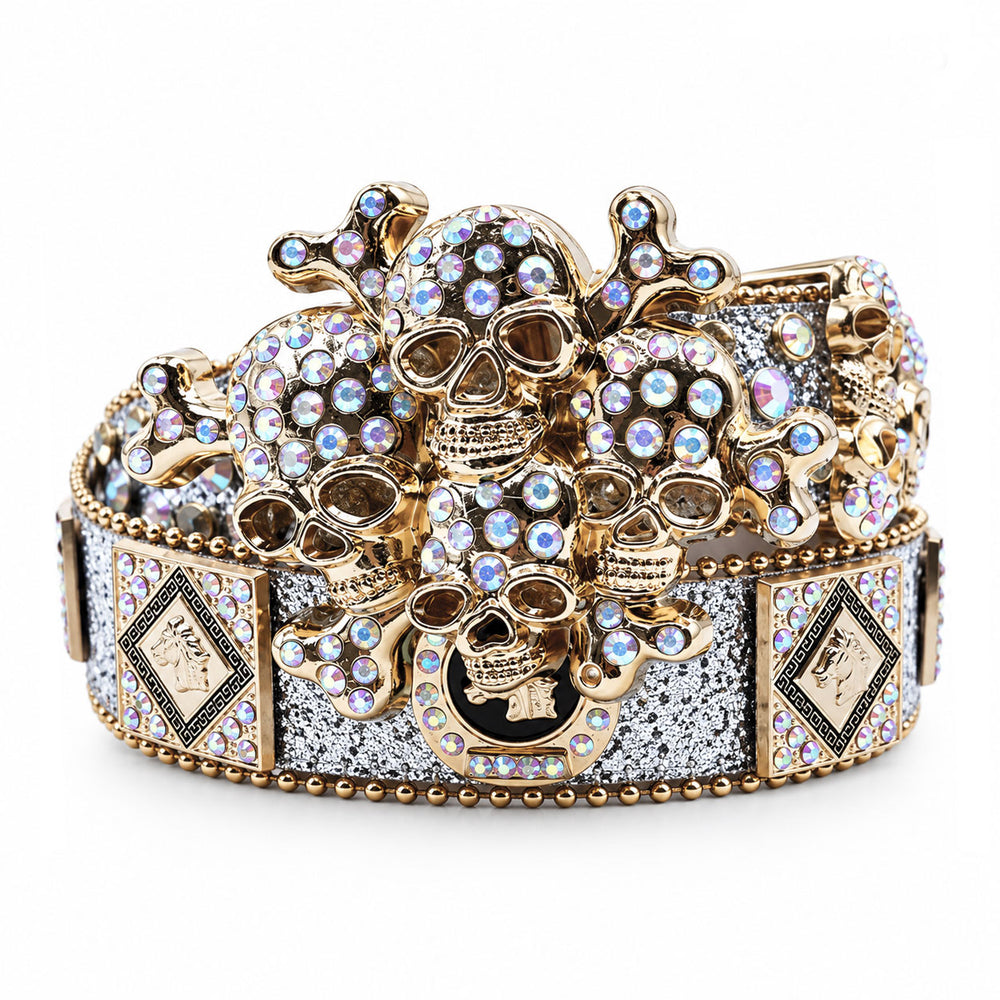Silver Glitter Crystal Rhinestone Western Belt with Gold Skull & Crossbones Buckle