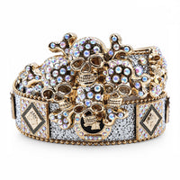 Silver Glitter Crystal Rhinestone Western Belt with Gold Skull & Crossbones Buckle