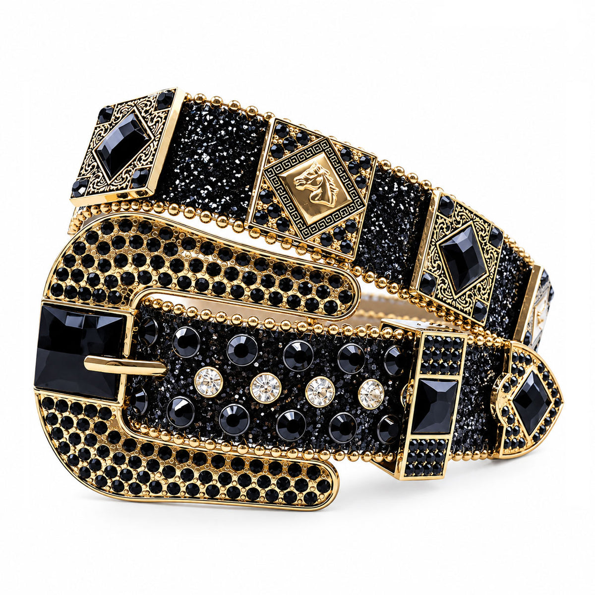Black & Gold Crystal Rhinestone Western Belt with Black Gem Buckle