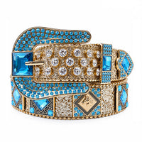 Gold & Aqua Crystal Rhinestone Western Belt with Blue Gem Buckle