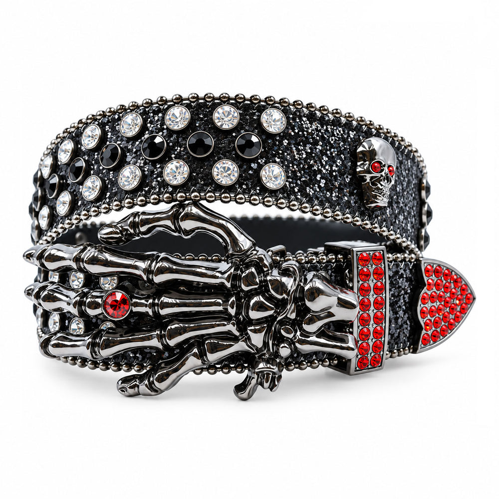 Black Glitter Crystal Rhinestone Western Belt with Skeleton Hand Buckle and Red Crystals