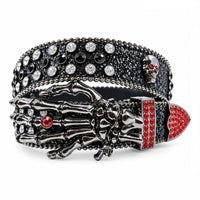 Black Glitter Crystal Rhinestone Western Belt with Skeleton Hand Buckle and Red Crystals