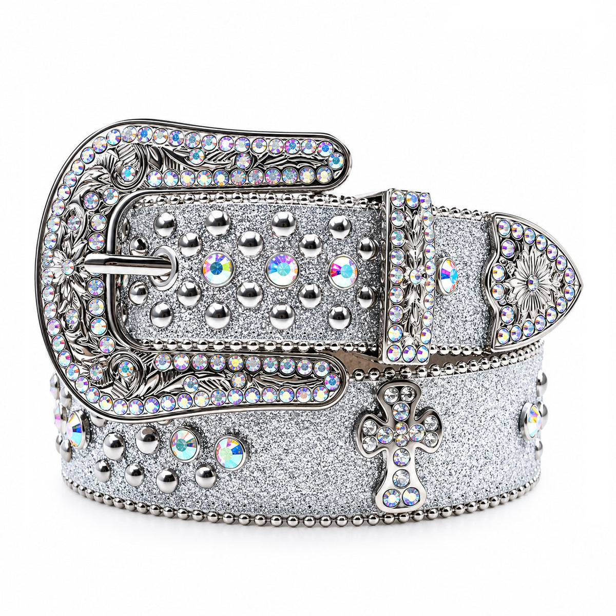 Silver Glitter Crystal Rhinestone Western Belt with Engraved Buckle and Cross Concho