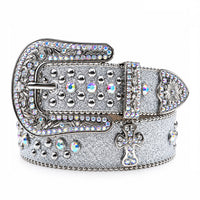 Silver Glitter Crystal Rhinestone Western Belt with Engraved Buckle and Cross Concho