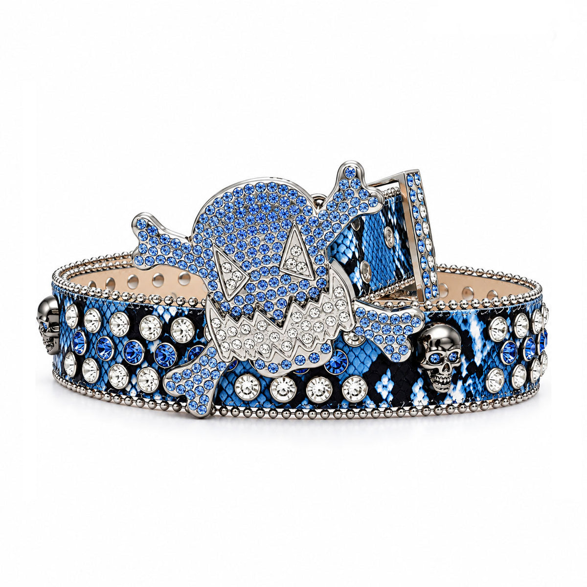 Blue Snakeskin Crystal Rhinestone Western Belt with Skull & Crossbones Buckle